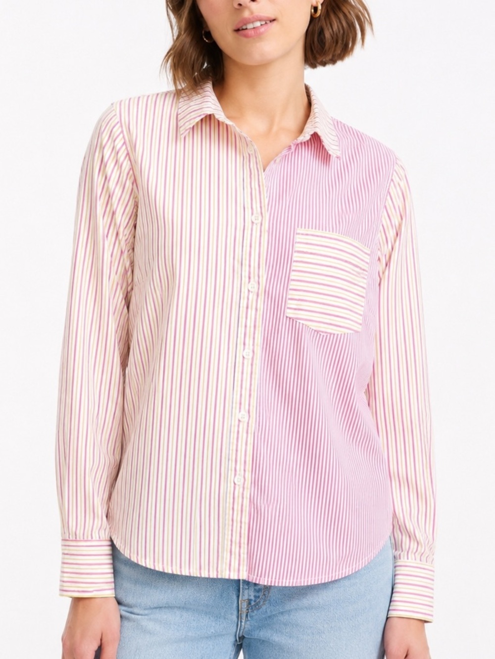 J. Crew Button Down Pink Yellow Striped Shirt Top Collar Long Sleeve Medium